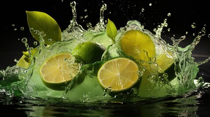 a group of limes with leaves and water splashing out of them on a black surface with a black background.  generative ai