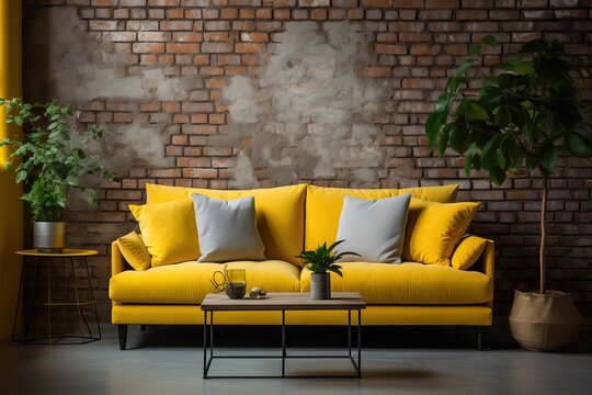 Fototapeta Grunge-Style Living Room with Old Gray Brick Wall and Yellow Sofa