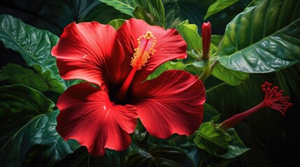 A red hibiscus flower is shown in the middle of a dark background, AI - obrazy, fototapety, plakaty