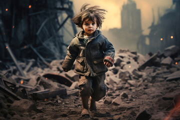 A dirty, scarred child crying and running away from bomb blasts in a destroyed city. A city in dust and panic of people.