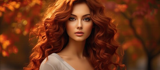 Fototapeta premium A young Indian woman with a beautiful face and red hair poses for a portrait exuding autumn vibes showcasing her fashion forward style and exuding a sexy yet elegant beauty that captivates p