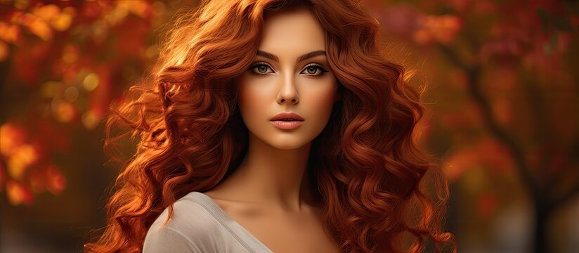 A young Indian woman with a beautiful face and red hair poses for a portrait exuding autumn vibes showcasing her fashion forward style and exuding a sexy yet elegant beauty that captivates p