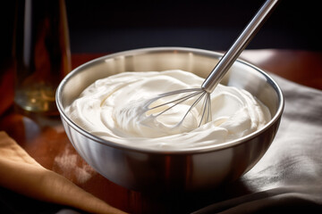Metal bowl with whisk for preparation of whipped cream, homemade sour cream or hand cream. Pure creamy background