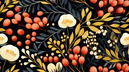  a painting of flowers and leaves on a black background with oranges and yellows in the center of the image.  generative ai