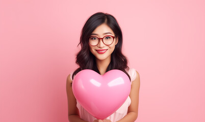 Smiling cheerful asian girl with heart shaped balloon. Valentines day, romance,love