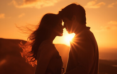 Cute couple kissing at sunset.Valentines day or anniversary concept - Powered by Adobe