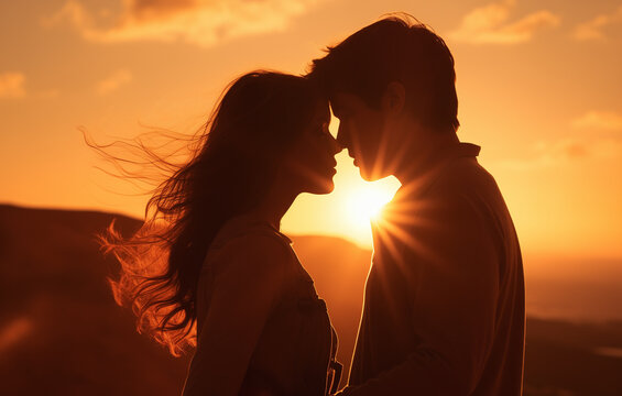 Cute couple kissing at sunset.Valentines day or anniversary concept