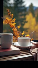 Naklejka na ściany i meble _an_open_book_and_white_coffee_cup_on_the_table UHD Wallpaper
