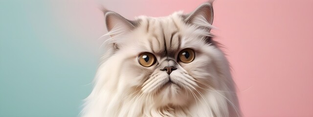 Persian cat on a pastel background. Cat a solid uniform background, for your advertising and design with copy space. Creative animal concept. Looking towards camera.