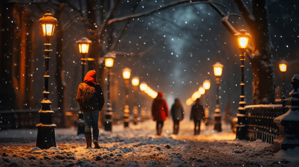 A figure of a man, wrapped in winter clothes, wanders along the alley of a snow-covered park, against a blurry atmospheric festive winter background