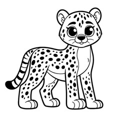 Cheetah, coloring book page, coloring page, zoo safari animal, black and white, isolated, vector art, toddler, preschool, kindergarten