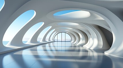 Obraz premium Futuristic white corridor with arches reflecting on glossy floor, minimalist sphere centered in a tranquil, spacious interior design.