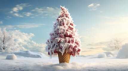 Whimsical ice cream Christmas tree in snow. Playful Christmas tree ice cream in winter wonderland. Festive frozen treat shaped like a snowy Christmas tree