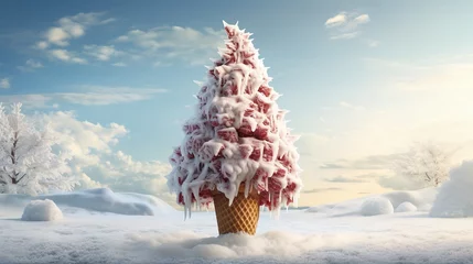 Fotobehang Whimsical ice cream Christmas tree in snow. Playful Christmas tree ice cream in winter wonderland. Festive frozen treat shaped like a snowy Christmas tree © Irina.Pl