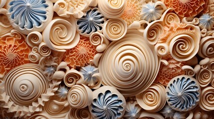 An intricate pattern of spiraling shells found in a seashell collection
