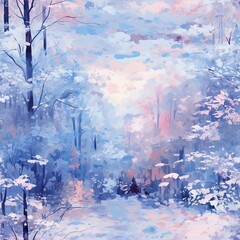 Warm pastel impressionistic winter landscape. The warm glow of a snowy evening in abstract art. Blue hues of a frosty winter forest