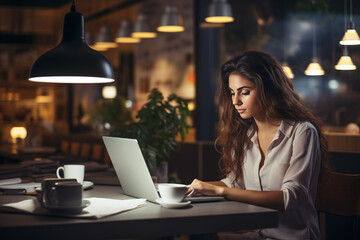 Freelance businesswoman designer, girl working in cafe, tattooed lady with laptop student studying, beautiful brunette, home office work 