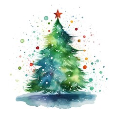 Vibrant watercolor Christmas tree with abstract snow splashes. Artistic hand-painted Christmas tree with colorful dots