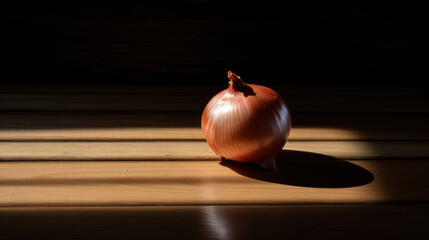 Lifestyle product shot of beautiful fresh onion highlighted by the sun on a wooden table. Play light and shadow