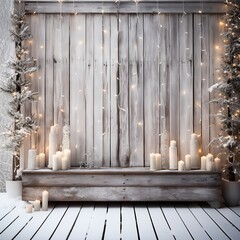 Christmas setting with candles. Rustic Christmas candle decoration against wooden backdrop. Festive holiday lights and candles on snowy wooden shelf