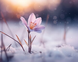 snow on the flowers with magic golden light