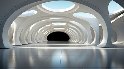 Futuristic white corridor with arches reflecting on glossy floor, minimalist sphere centered in a tranquil, spacious interior design.