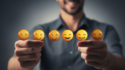 A satisfied customer and glowing smiley face emojis