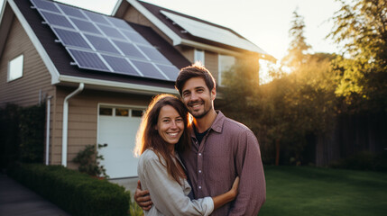 Happy couple standing near a house with solar panels. Alternative energy. AI. Generative AI
