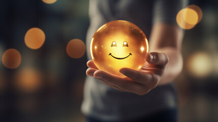 The customer holds a glowing smiley face as a sign of positive feedback