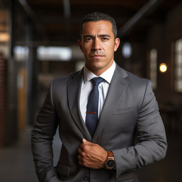 a portrait of a latino man in a well-tailored suit. Entrepreneur. Professional. Kind. Successful. Motivational. Inspiring. His arms are uncrossed and relaxed. Man age is 45.Man has a pleasant smile. 