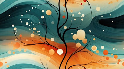  a painting of a tree with orange, blue, and white swirls on a blue background with white bubbles.  generative ai