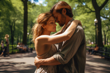 Fototapeta premium a happy couple hugging wrapped around in a park