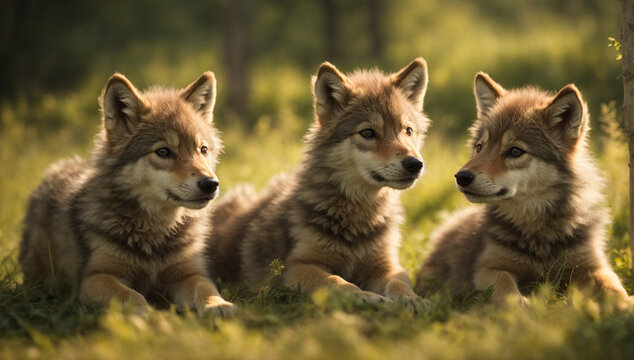 An intimate scene of wolf pups playing in a sun-dappled meadow - AI Generative