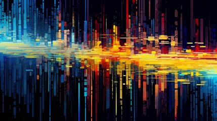 A digital glitch art pattern with distorted and fragmented elements