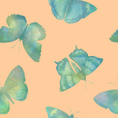 Seamless watercolor butterfly pattern in green on pink background