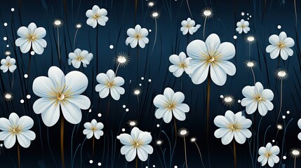  a painting of white flowers on a dark blue background with white stars in the middle of the image and a black background with white stars in the middle of the image.  generative ai