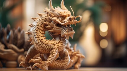 A wooden dragon statue on a table, AI - Powered by Adobe
