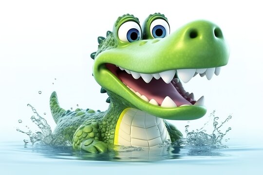 Lustiges Cartoon Krokodil im Wasser. Gr&uuml;nes 3D Charakter Krokodil mit Schuppen.