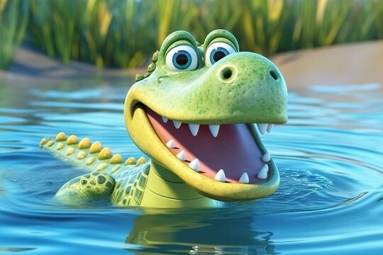 Lustiges Cartoon Krokodil im Wasser. Gr&uuml;nes 3D Charakter Krokodil mit Schuppen.