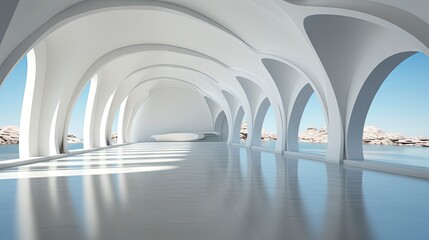 Futuristic white corridor with arches reflecting on glossy floor, minimalist sphere centered in a tranquil, spacious interior design.