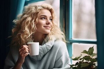 Junge Frau schaut mit einem warmen Kaffee in der Hand aus dem Fenster. Draußen ist es Winter, mit Schnee und kalt. Frau wärmt sich mit einem heißen Getränk in der Gemütlichen Wohnung auf.  
