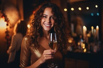 Romantisches Candle-Light-Dinner in einer gemütlichen Umgebung im Restaurant oder  zu Hause auf einer Feier. Frau mit Sektglas und guter Stimmung freut sich auf ihren Partner.