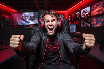 Gamer feier seinen Sieg. Spieler freut sich vor seinem Computer mit sehr vielen Monitoren. Ausdruck starke Emotionen und Spaß. 