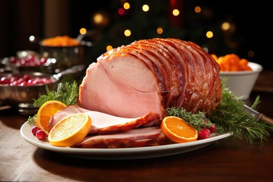 Gebackener Schinken auf dem Tisch rustikal angerichtet. Leckerer, saftiger Schinken im St&uuml;ck wird angeschnitten und zu Weihnachten serviert als Abendessen.