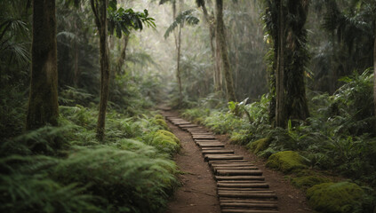 Obraz premium Ancient stone pathway leading deeper into the mysterious jungle - AI Generative