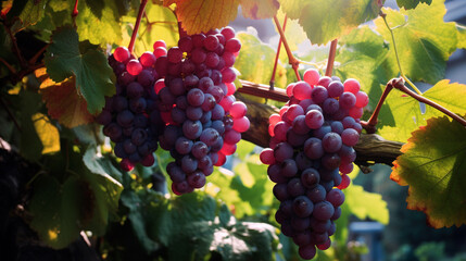 Fototapeta premium Bunches of grapes between grape leaves in a vineyard. Generative AI