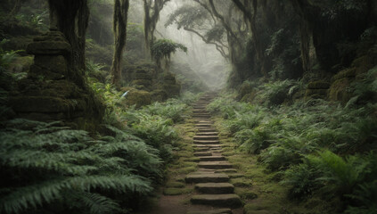 Ancient stone pathway leading deeper into the mysterious jungle - AI Generative