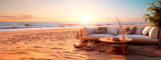 Modern livingroom furniture on a beach with sunny weather