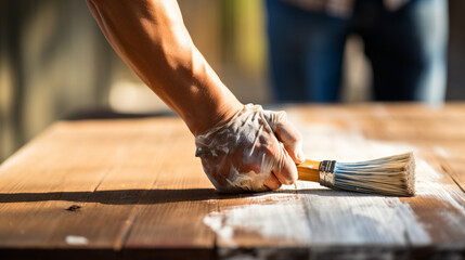 hand holds a brush and applies paint on a wooden surface.Generative AI