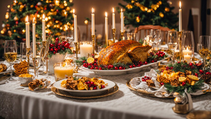 Holiday table with different Christmas snacks - obrazy, fototapety, plakaty
